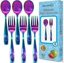 6PCS Stainless Steel Kids Flatware Set Spoons and Forks UV Rainbow Finish