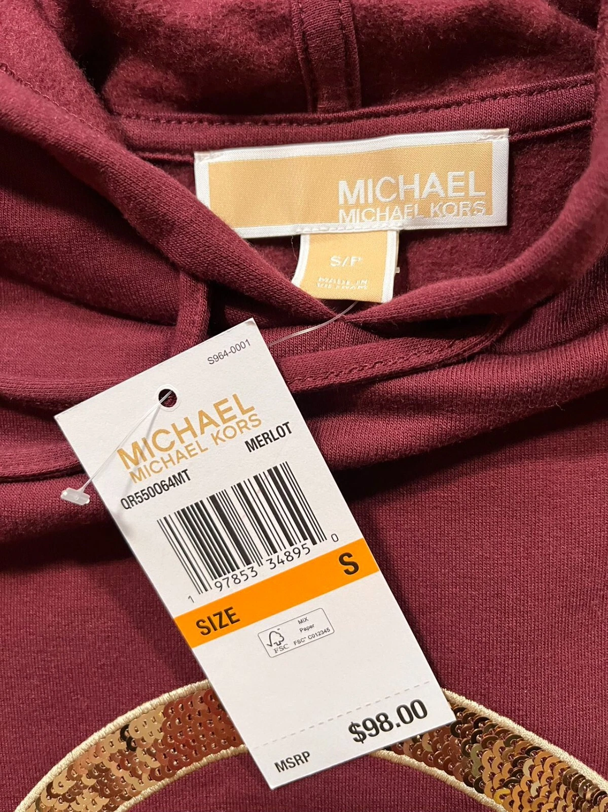 Nuovo! Felpa con cappuccio Michael Kors donna S Merlot paillettes oro logo MK manica lunga prezzo al dettaglio consigliato $98
