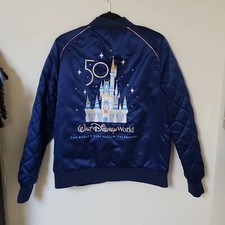 Walt Disney World 50th Anniversary Blue Satin Bomber Jacket Size L
