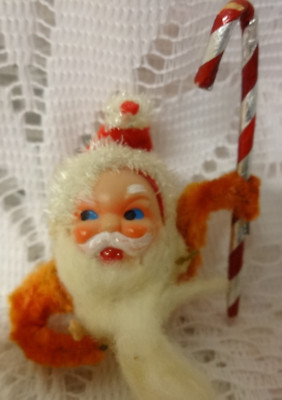 Antique vtg Chenille Christmas Tree Ornament Santa Face Candy Cane