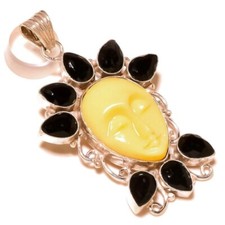 Engraved Moon Face  Black Onyx Gemstone 925 Silver Handmade Goddess Pendant