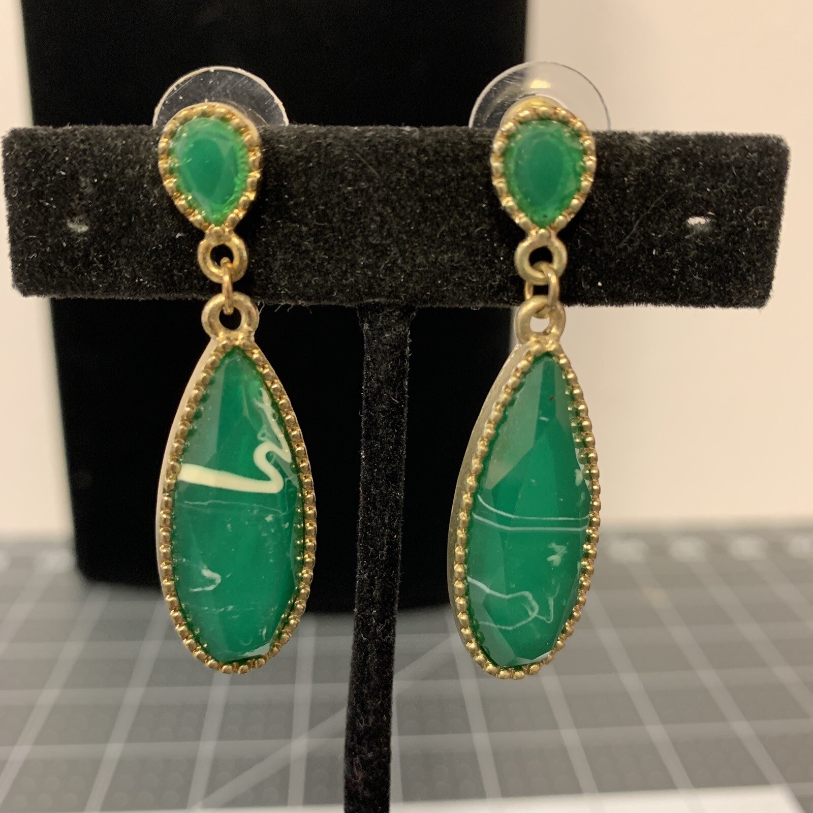 Green Teardrop Earrings Statement Dangles Gold To… - image 2
