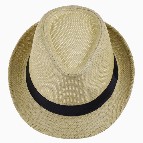 Men Women Beige Fedora Hat, Straw Trilby Cuban Sun Cap Panama Short Brim Floral - Picture 3 of 4