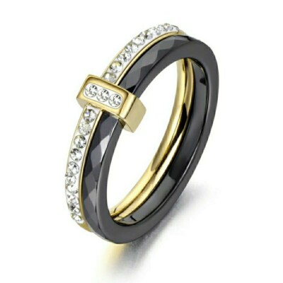 Ring  Keramik und Edelstahl Zirkonia Steine Memoire Schwarz Gold Gr. 52 16,5 mm