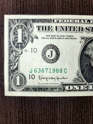 Error 1963B $1 Federal Reserve dollar, Joseph Barr, Fancy S/N J 63 6 7 1988 C - Picture 2 of 5