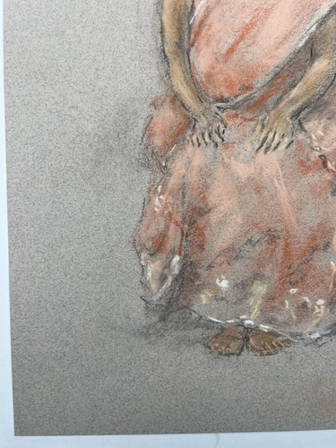"Dibujo pastel de mujeres con túnica rosa retrato niña bellas artes 16x12"" descalzo de colección" - Imagen 3 de 12