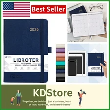 2026 Weekly Monthly Planner Navy Blue Leather Cover, Pen Loop, Bookmarks