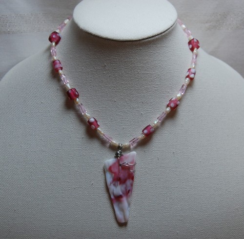 Wire Wrapped Pink Faux Sea Glass Necklace 17" Handmade Beaded Jewelry - Picture 3 of 4