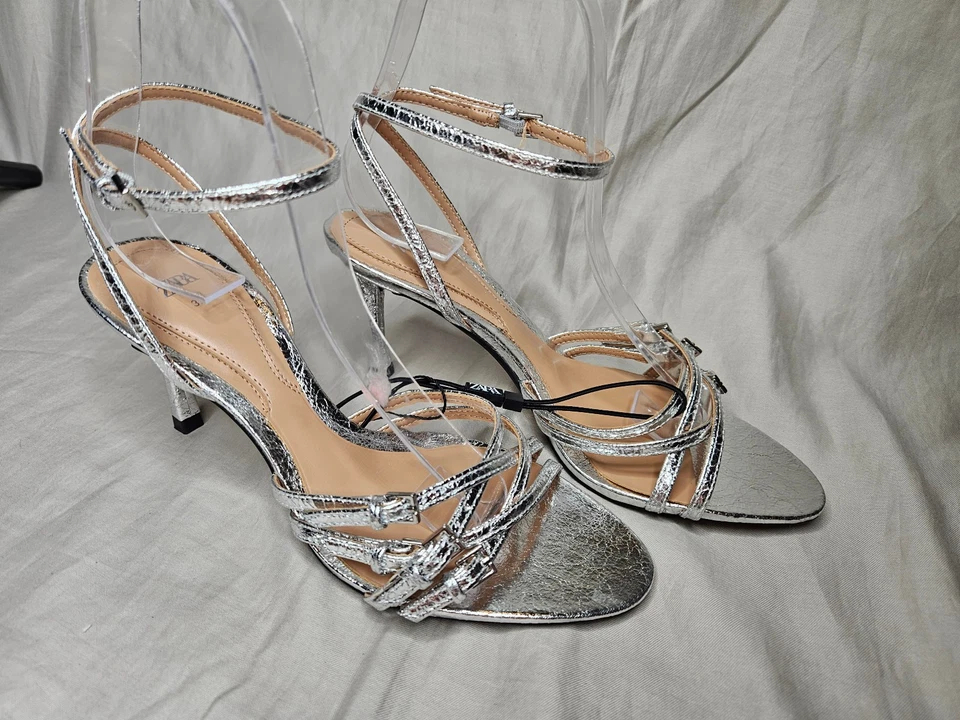 ZARA Heels Womens SZ US 6.5 EUR 37 Silver Metalic Strappy Sling Back Stiletto - Image 2 of 4
