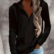 Women's Ribbed Zip Up Hoodie Drawstring Hooded Sweatshirt Jacket Slim Casual