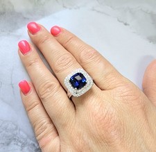 2Ct Cushion Cut Simulated Sapphire Halo Engagement Ring In 14K White Gold Plated