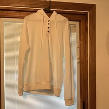 Women s White Pullover Hoodie M Cotton Blend Fleece Button Neck Pockets