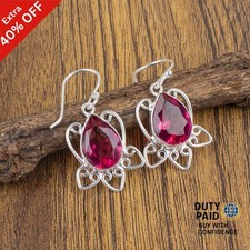 Pear Pink Tourmaline Stone 925 Sterling Silver Bezel Birthday Wedding Earrings