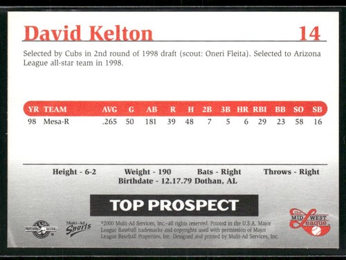 1999 Multi-Ad Midwest League Top Prospects David Kelton #14 Lansing Lugnuts - Picture 2 of 2