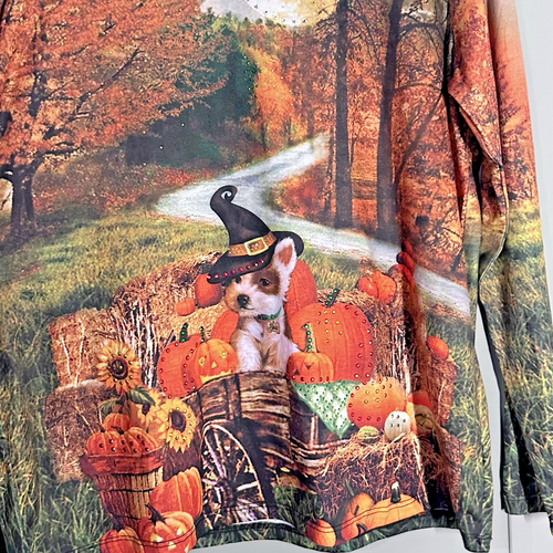 NWT Gloria Vanderbilt Studded Halloween Dog Witch Pumpkin Fall Trail Shirt - Med - Picture 2 of 7