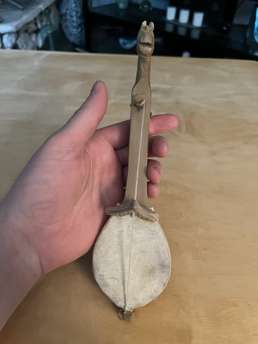 Vintage handgeschnitztes Holzzapfen Volksinstrument Souvenir mit Pferdekopf & Rohhaut - Bild 4 von 18