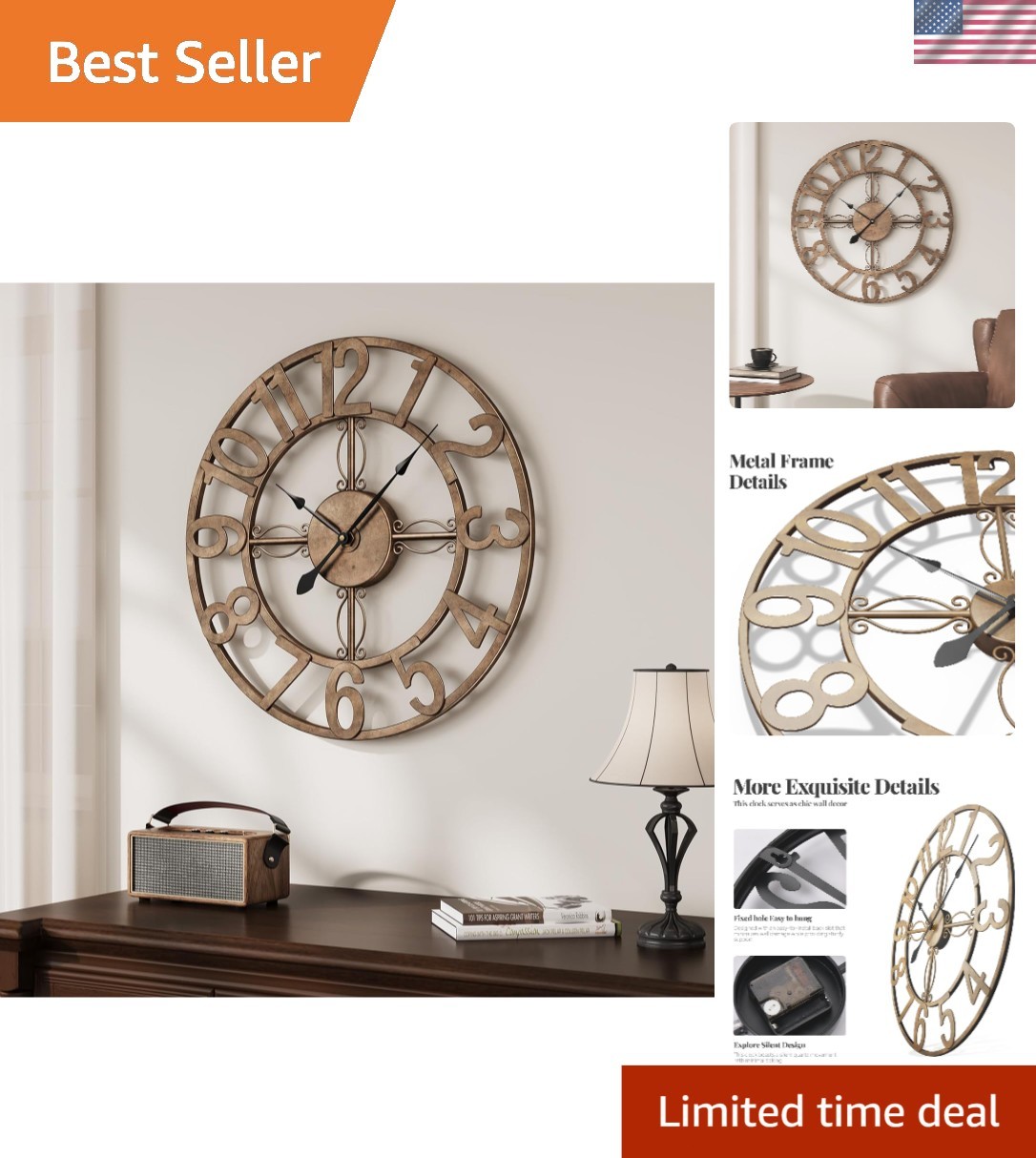 Large Wall Clock 20 Inch Modern Metal Decorative Clock Silen