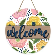 Welcome Spring Summer Flower Front Door Sign, Pink Yellow Floral Wood Door Ha...