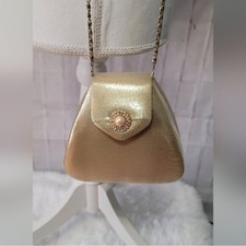 Vintage Gold Evening Bag Pearl Rhinestone Clasp Chain Strap Formal Purse Clutch