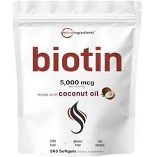 Biotin 5000mcg w/ Coconut Oil Fast Release for Hair Skin and Nails 365 Softgels
