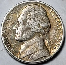 1979 D Jefferson Nickel "D" MM Error Variety, Planchet Error, Alloy Mix