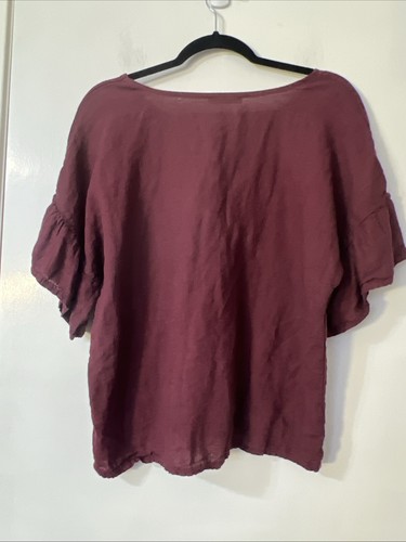 ELENA BALDI Italy Women’s Sz M Linen Pullover Ruffle Sleeve Blouse Wine Red - Picture 3 of 7