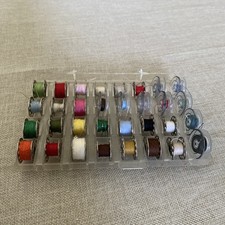 Vintage Sewing Bobbins 23 Metal Bobbins, 9 Clear Acrylic Bobbins w/ Thread Case