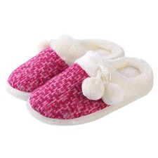 Cozy Knit Plush Slippers for Women Stylish Pom Pom Accents, Colorful Warm Slide