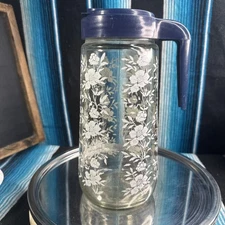 VTG 1970’s  Dark Blue Top White Flowers Tang Pitcher Anchor Hocking