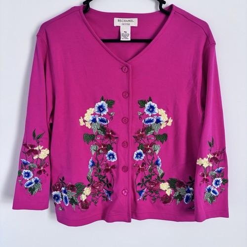 Bechamel Women’s PM Pink Embroidered Floral Cotton Cottagecore Grandma Cardigan - Picture 1 of 10