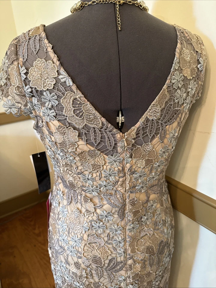 Vestido Xscape Nuevo con Etiquetas Encaje Superpuesto Cremallera Trasera Funda Formal MOB Talla 10 Oro Rosa/Plateado Foto 4 de 4