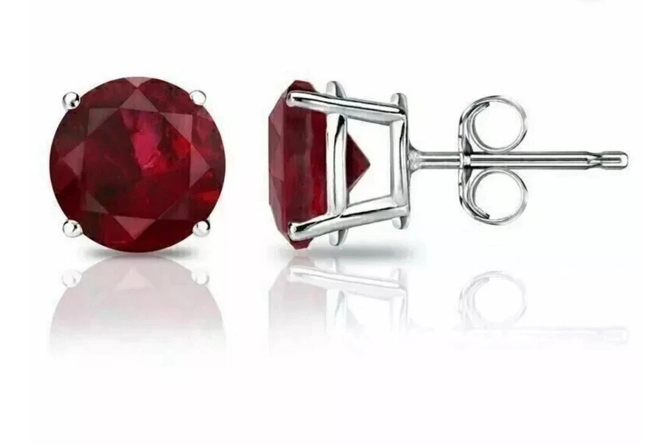 3 CT LAB CREATED RED RUBY STUD EARRINGS 14K WHITE GOLD ROUND CUT 7MM PUSH BACK - Image 4 of 4