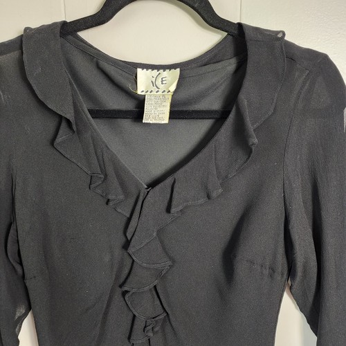 Vintage ICE Silk Ruffle Office Blouse Lined Small Black - Picture 2 of 8
