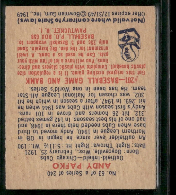 Bowman #63 Andy Pafko 1949 excelente/ex-como nuevo Foto 2 de 2