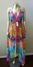 NWT ASYMMETRICAL RHINESTONES PAISLEY DEEP BACK HALTER PLUNGEING DRESS one size