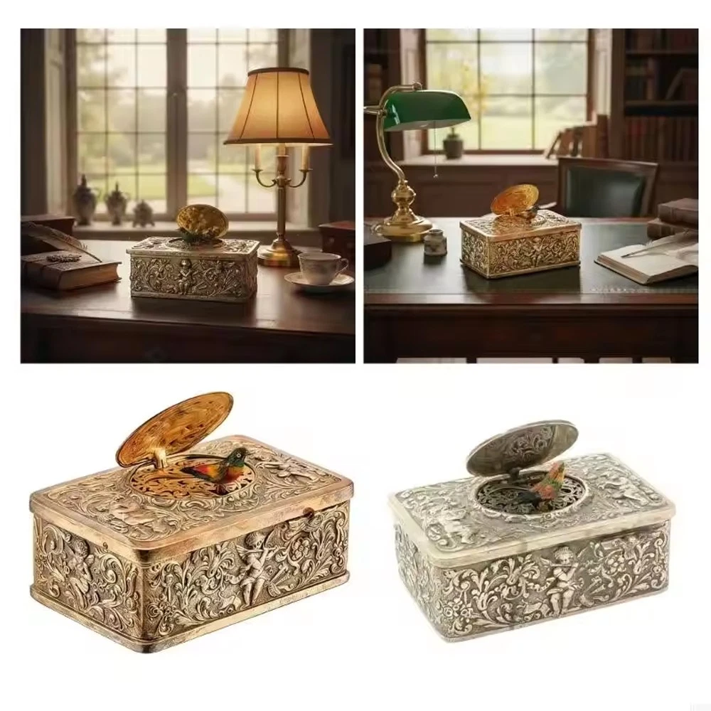 Caja De Música Vintage Con Pájaro - Decoración 3D De Mesa