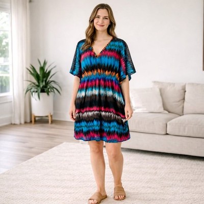 INC Blue Multi Abstract Zig Zag Mesh Tunic Dress Size Large