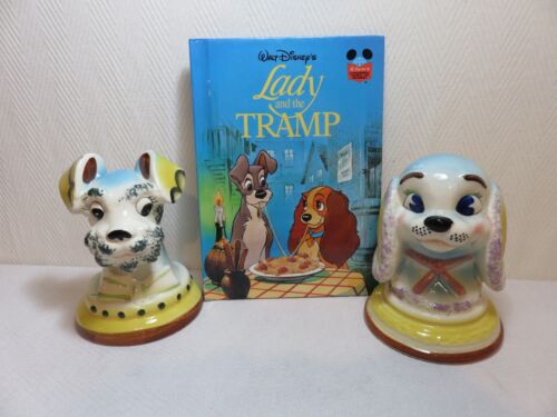 VINTAGE JAPAN LADY AND THE TRAMP CERAMIC HEAD BOOK ENDS COMPLETE WITH BOOK - Picture 1 of 9