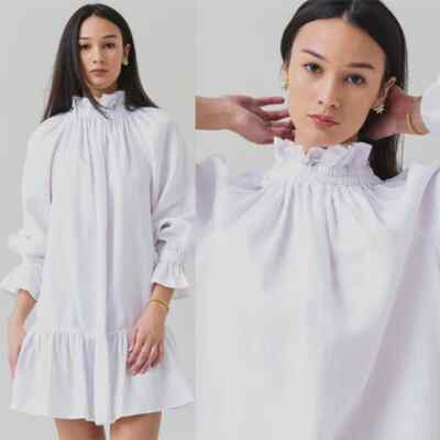 NWT Ephemera Ruffle High Neck Linen Garland Smock Dress in White | eBay NWT Ephemera Ruffle High Neck Linen Garland Smock Dress in White | eBay