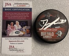 DEVON LEVI AUTOGRAPH SIGNED BUFFALO SABRE LOGO HOCKEY PUCK RARE JSA COA GOATHEAD
