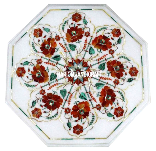 Set 4 Sous-verres En Marbre Blanc – Paon Incrustation Florale – Fait Main Inde