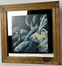 Vintage MCM Signed Tom Dunham Unicorn Birds on Water Oil Painting On Mirror 15”