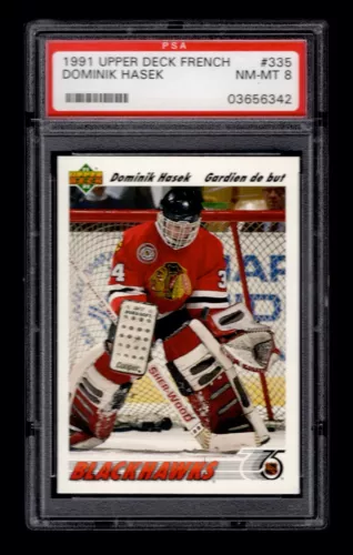 PSA 8 DIMINIK HASEK 1991 Upper Deck Hockey Card  #335 ROOKIE (FRENCH)