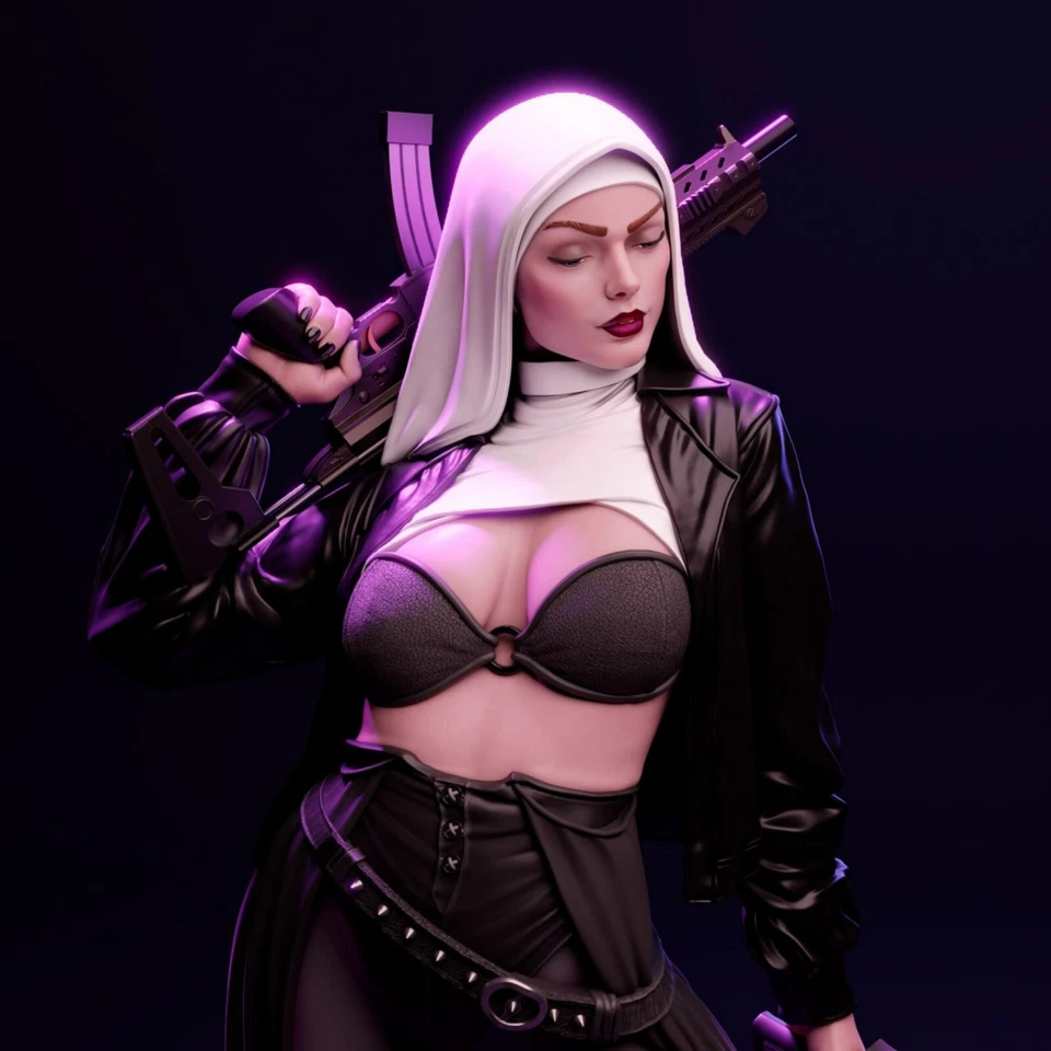Nun with Gun - Sexy Femme Fatale 12K Quality Resin 3D Printed Figure | CA3D Fan - Image 4 of 4