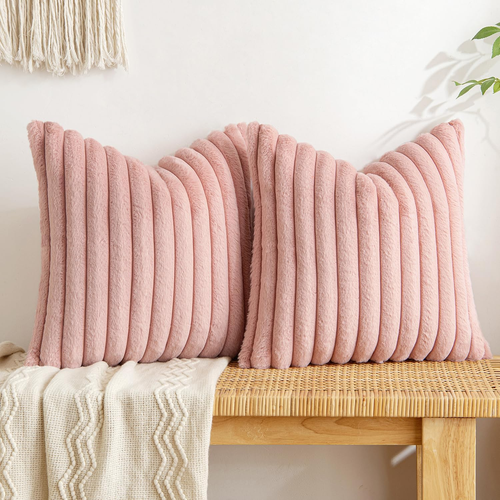 Faux Fur Plush Decorative Throw Pillow Covers Set of 2 Luxury Soft Fluffy Stripe