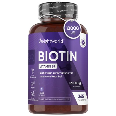 Biotin Tabletten - 365 Stück - 12000mcg Vitamin B7 - für Haar Haut Nägel - Vegan