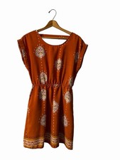 Pink Rose Vintage Boho Mini Dress Orange Medallion Print Elastic Waist Size S