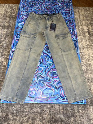 Smoke & Ash Men s Baggy Straight Gray Denim Jeans Cargo Pockets 29/30 Inseam