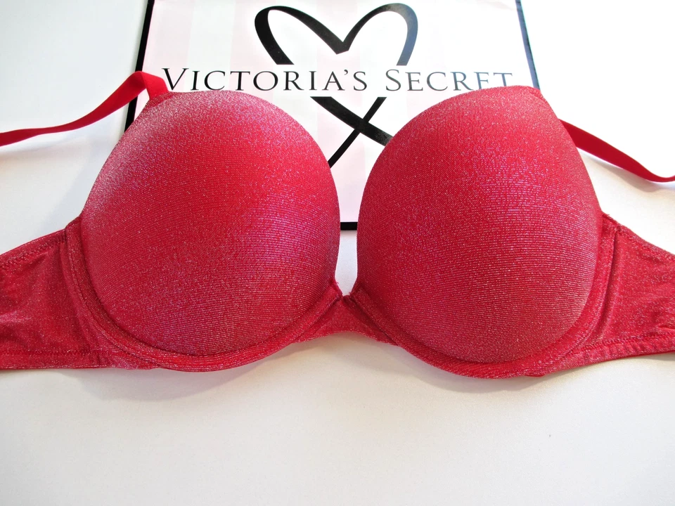 Sujetador Super Push-Up VICTORIA'S SECRET ROSA VS Rojo Lurex Brillo 38B 38D 40B 40D Nuevo con Etiquetas Foto 3 de 4