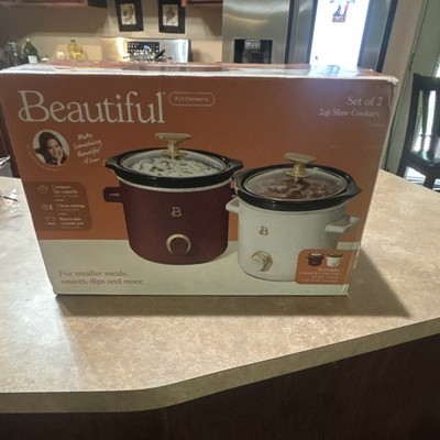 Beautiful Set of 2 2qt Slow Cookers Merlot/White, Temp Control, 3-Setting